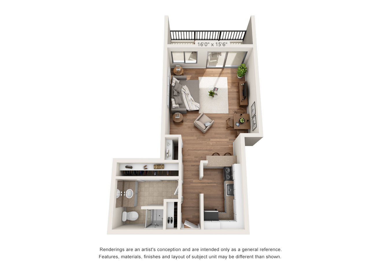 Floor plan for studio, 1 bath, 550 sqft